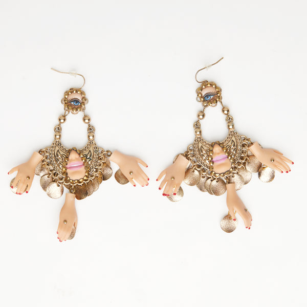 dolls eye & hands gold metallic beads earrings