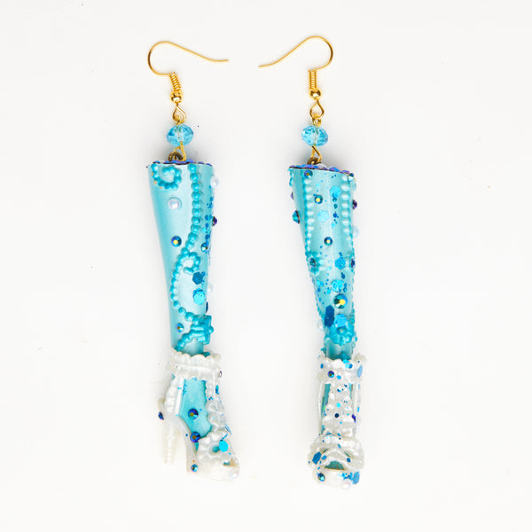 blue dolls legs earrings with collector white shoes