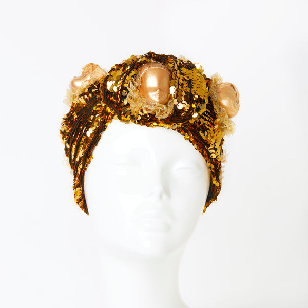 gold dolls turban headpiece with gold ruffle net