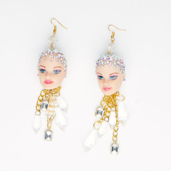 crystal dolls heads earrings with chains & crystal