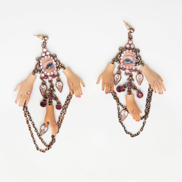 pink gemstones earrings  dolls eye & hands chandelier style