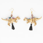 gold T-rex red dinosaur earrings with black tassels