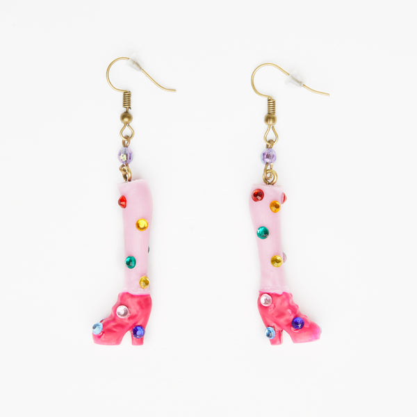 miniature pink dolls legs earrings with rainbow colour gemstones