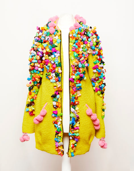 gogo monster kawaii yellow coat with pink pompoms