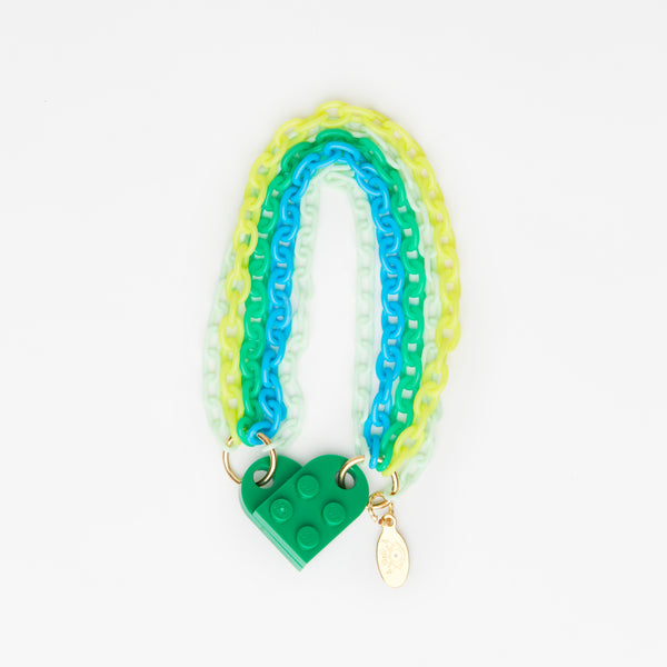 green  bricks bracelet with colourful green chains