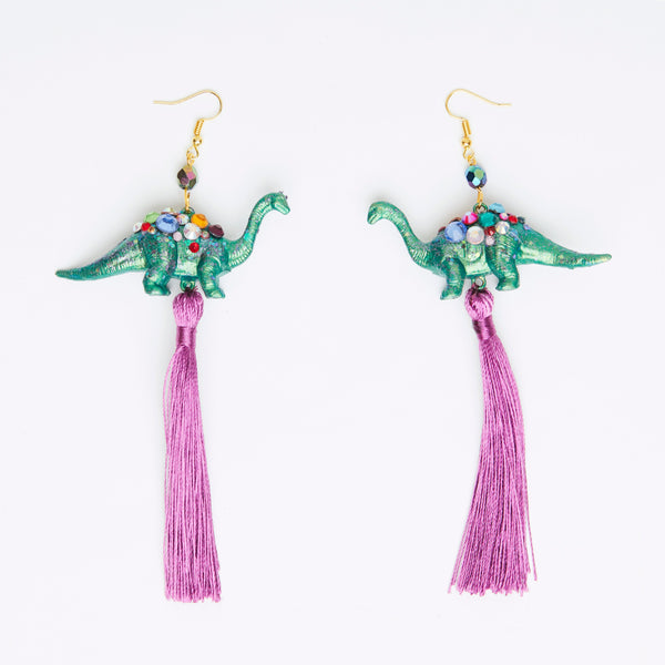 Green iridescent diplodocus + 1 pink dinosaur earrings