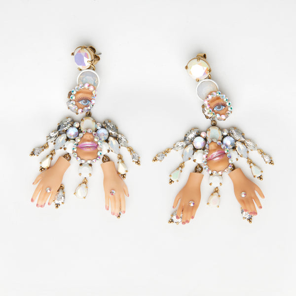 white crystal chandelier earrings  barbie dolls eye, mouth hands earrings