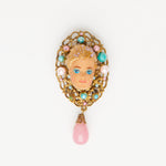 miniature baroque doll face brooch with pink & green pearls