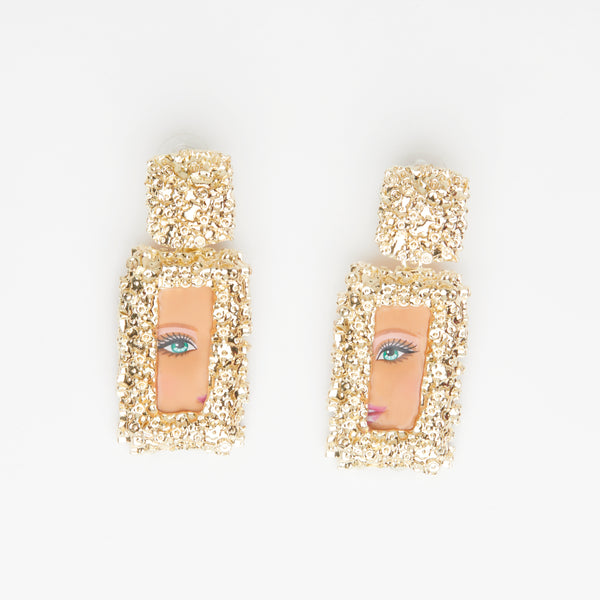 through the  gold looking glass - barbie face earrings