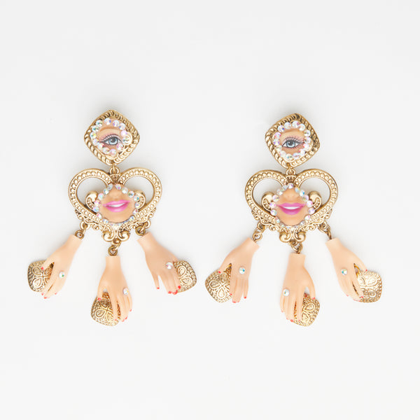 surrealist eye hand mouth dolls earrings with gold heart