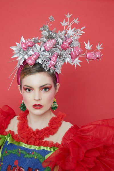 silver christmas holly leaves with pink decorations-  festive headpiece christmas collection
