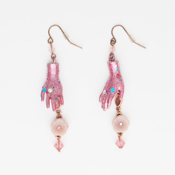 pink dolls hands earring with flower -floral collection