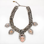 baroque  rhinestones head doll dark silver metallic base necklace
