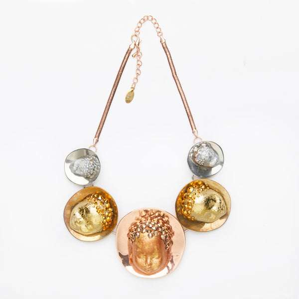 copper, gold & silver doll face necklace