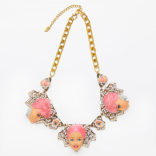 3 pink hair dolls face necklace