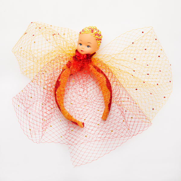 red and yellow pearly doll headband hat with net