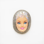 doll face silver brooch with rhinestones