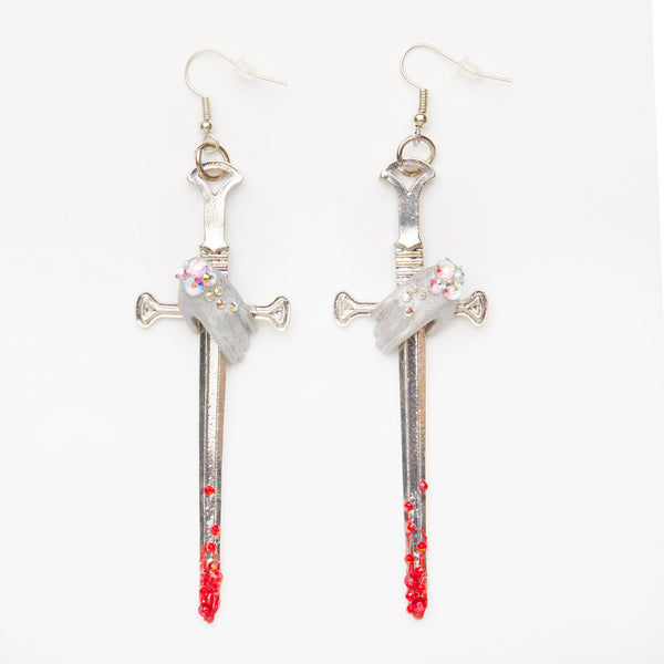 live by the sword die by the sword -doll hand earrings