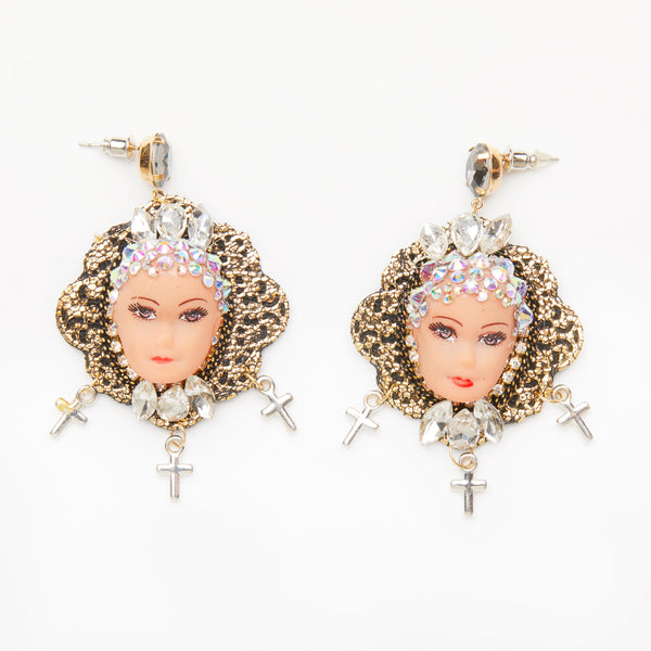 baorque miniature sparkly head doll face earrings with crosses