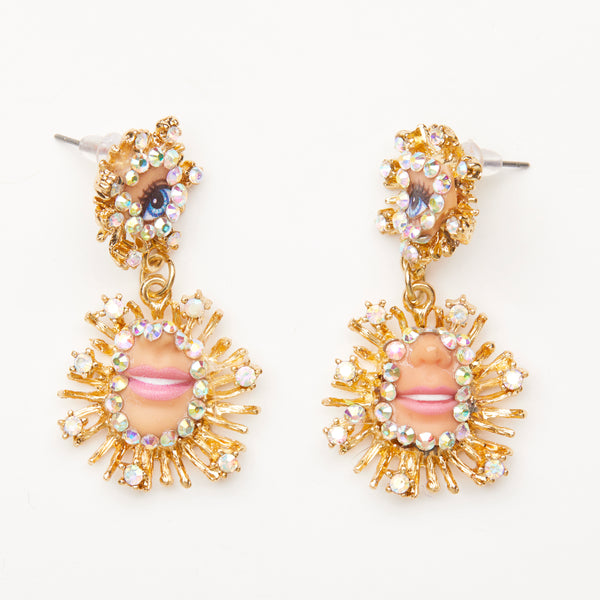 halo eye & mouth dolls gold colour earrings