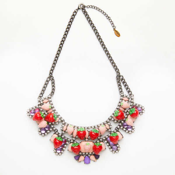 red & pink strawberries on gemstones necklace