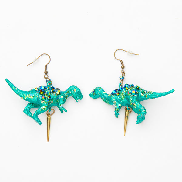 green iridescent t-rex dinosaur earrings with spike