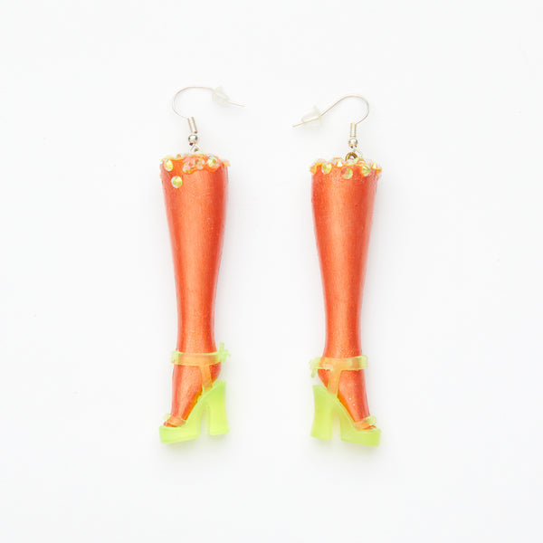 orange dolls legs earrings with yellow platform shoes & gemstones