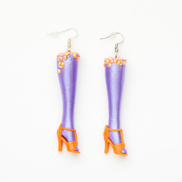 purple dolls legs earrings with orange platform shoes & gemstones