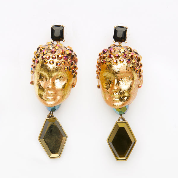 gold dolls heads earrings with iridescent stones