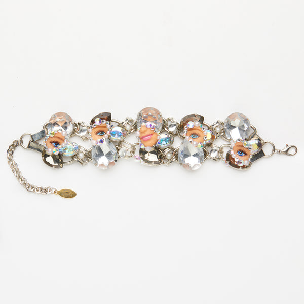 doll eye & mouth bracelet with  white & grey gemstones
