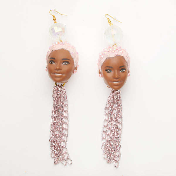 dark skin doll head earrings with pink hair
