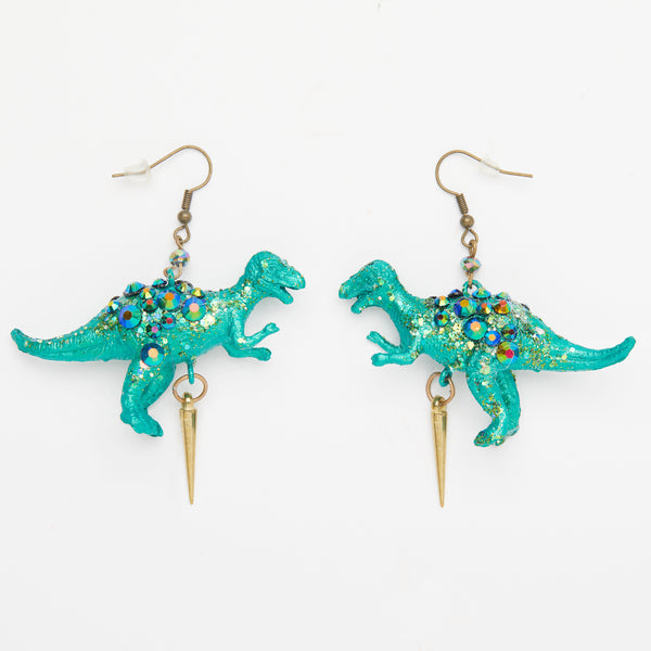 green iridescent t-rex dinosaur earrings with spike & iridescent rhinestones