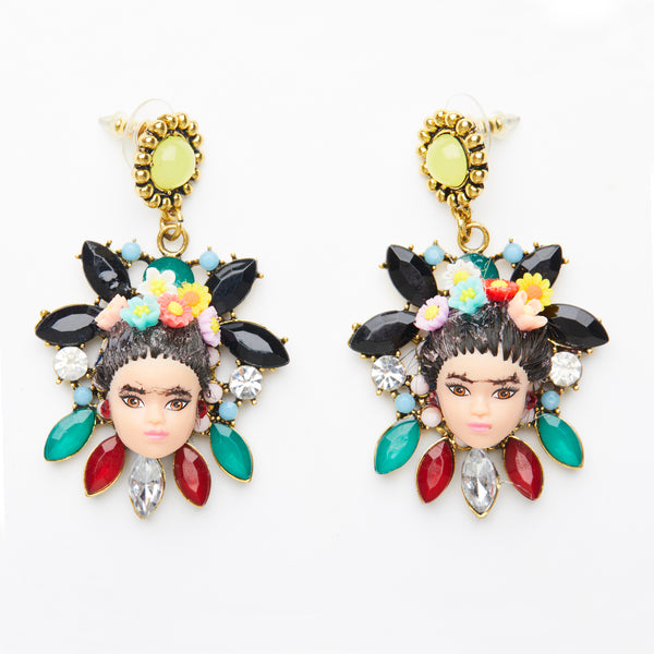 frida kahlo miniature doll barbie face earrings with  colourful gemstones