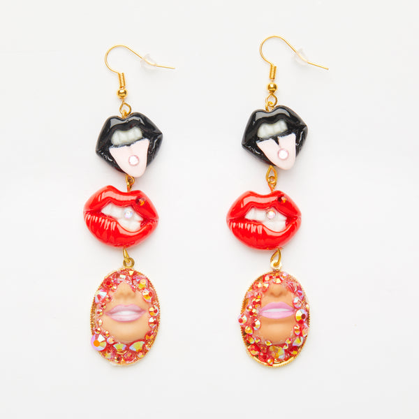 black & red lips & dolls mouth earrings