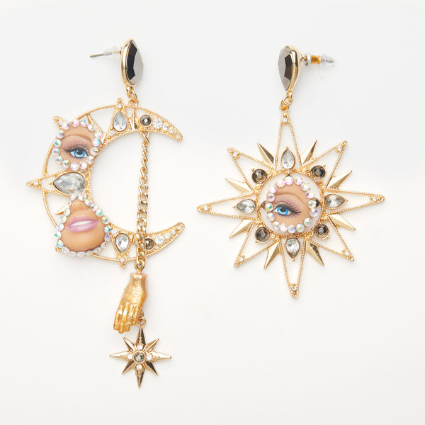 asymmetrical astrology moon & sun earrings with gemstones - christmas