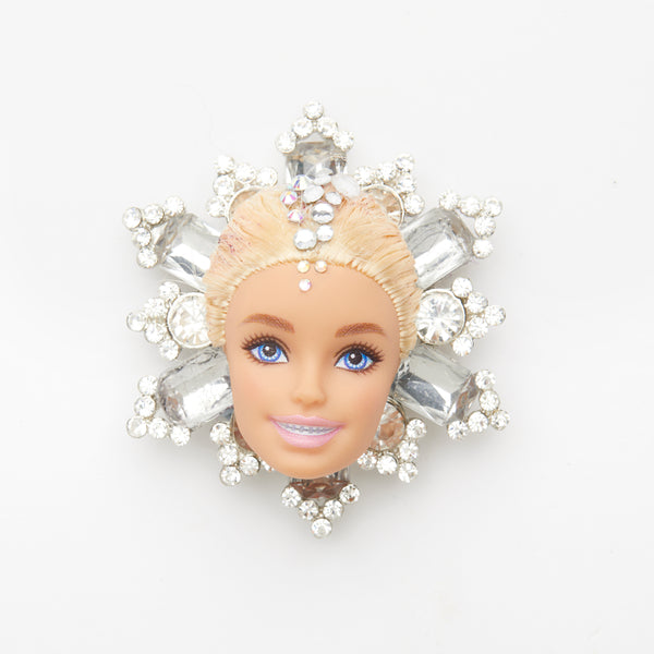 baroque blond doll with braces smile white rhinestones brooch