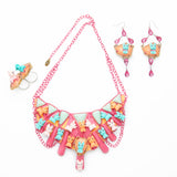 cyan, orange & pink dog set -necklace -earrings -ring