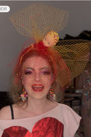 red and yellow pearly doll headband hat with net
