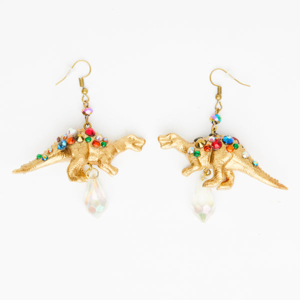 gold T-rex red dinosaur earrings with  white crystal drop beads