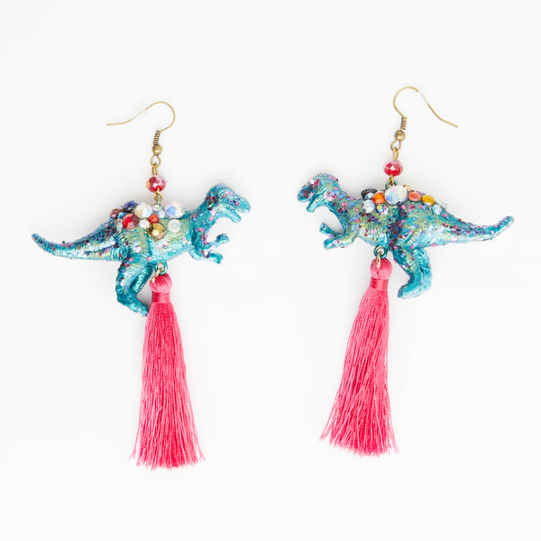 green iridescent T-rex red dinosaur earrings with fuchsia pink tassels