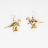 gold T-rex gold dinosaur earrings with golden spike with gemstones