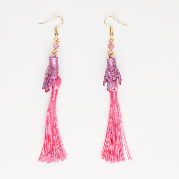 pink dolls hands earrings with pink silky tassels