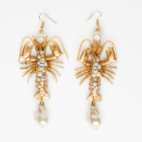 gold lobster toys animal earrings with with pearly tear drop beads